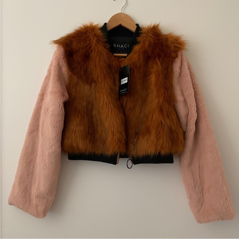 NWT SHACI Faux Fur Cropped Bomber Jacket Color Block Pink & Brown Size S - Picture 3 of 7